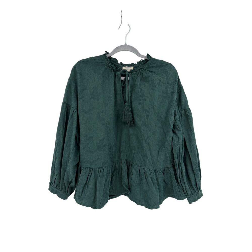 Umgee Womens Boho Top Size S Green Puff Sleeve Floral Embossed Cottagecore